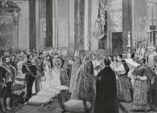 Ceremony of the nuptial blessing in the Royal Chapel of Infanta María de la Paz of Spain, 1883. Creator: Eugenio Vela.