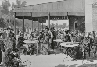 Scene at Retiro Park, featuring elegantly dressed people enjoying the afternoon, Madrid, Spain,1883. Creator: Bernardo Rico.