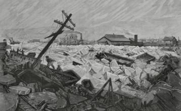 Invasion of Herr's Island, (Pittsburgh) by water and ice floes from the Alleghany River, Feb 1883. Creator: Bernardo Rico.