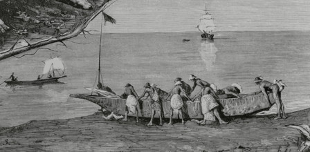 Bubis launching a canoe into the water, Concepcion Bay, Fernando Poo Island, Spanish Guinea, 1883.  Creator: Tomás Carlos Capuz.