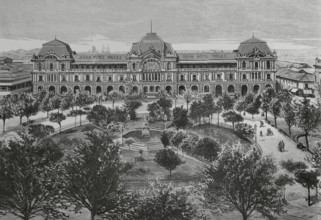 Panoramic view of the Plaza de Armas and main façade of the Gran Hotel Inglés, Santiago, Chile,1883. Creator: Eugenio Vela.