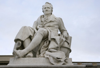 Marble statue of Alexander von Humboldt, entrance to Humboldt University, Berlin, Germany, 2025. Creators: LTL, Reinhold Begas.