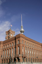 Red Town Hall, (Rotes Rathaus) from Spandauer Strasse, Berlin, Germany, 2025.  Creator: LTL.