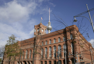 Architectural detail, Red Town Hall, (Rotes Rathaus) from Spandauer Strasse, Berlin, Germany, 2025.  Creator: LTL.