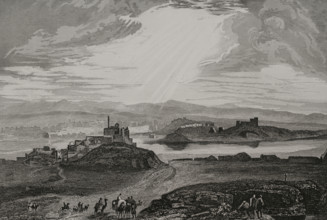 Panoramic view of the city alongside the Tigris River, Nineveh, (near present-day Mosul...), 1840. Creator: Aubert.