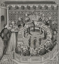 King Arthur’s Round Table, 14th-century miniature, 1877. Creator: Unknown.