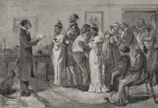 A wedding before the municipal judge, customs of free blacks in the United States, 1878.  Creator: Unknown.