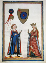 Austrian poet Der von Kürenberg, talking to a lady, c1300.  Creator: Unknown.