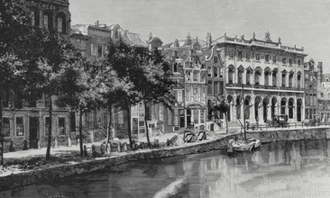Nieuwezijds Voorburgwal street and canal with the Royal Post Office, Amsterdam, Netherlands, 1883.  Creator: Tomás Carlos Capuz.