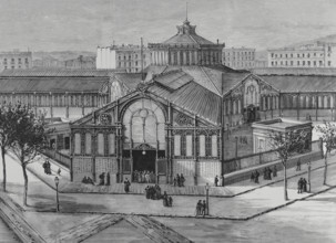 Exterior view of the new San Antonio Market, Barcelona, Catalonia, Spain, 1883. Creator: Eugenio Vela.