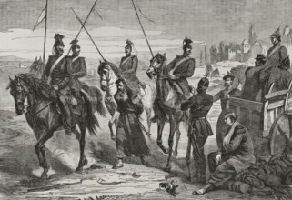 Franco-Prussian War (1870-1): Prussian Uhlans lead a captured French spy to the camp near Metz,1870. Creator: Tomás Carlos Capuz.
