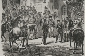 Franco-Prussian War: Napoleon III surrendering to King Wilhelm I of Prussia...1870, (1870). Creator: Celestino Sadurni.