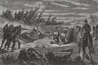 Franco-Prussian War (1870-71): Night execution of two men, caught...marauding a Prussian camp, 1870. Creator: Ribas.