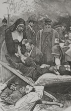 Franco-Prussian War (1870-1871): Prussian ambulances tending the wounded soldiers, Sep 1870 (1870).  Creator: Unknown.