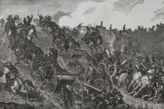 Franco-Prussian War (1870-1871): Prussian artillery engaging in combat, August 1870 (1870).  Creator: Unknown.