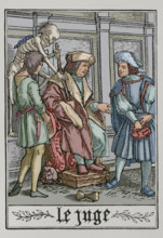 The Judge is visited by Death, 1538, (1877).  Creator: Unknown.