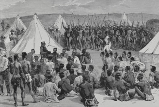 King Cetewayo receiving a deputation of his relatives at Intonyanene, 1883.  Creator: Unknown.