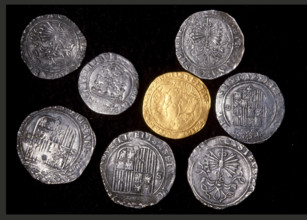Silver coins and gold doble excelente of Ferdinand and Isabella, Spanish, c1479-1504. UPSIDE DOWN Creator: Unknown.