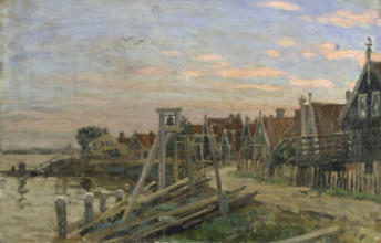 Study of wooden houses on a beach at sunset, (Holland), probably mid-late 1870s. Creator: George Clausen.