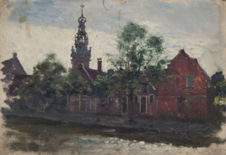 View of a red-brick building with minaret, mid-late 1870s. Creator: George Clausen.