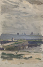 Study of a beach with a view out to sea and sailing boats, (Holland), mid-late 1870s. Creator: George Clausen.