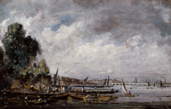 Waterloo Bridge from the left bank of the Thames, c1820. Creator: John Constable.