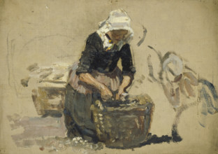 Study of a Dutch woman washing fish in a tub, (Volendam), mid-late 1870s. Creator: George Clausen.