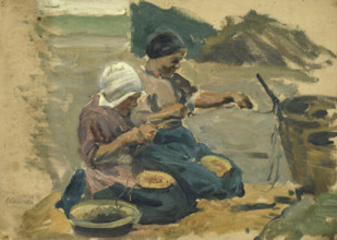Study of two women engaged in a shoreline activity, (Volendam), mid-late 1870s. Creator: George Clausen.