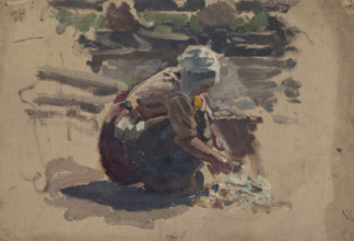Study of a Dutch woman washing fish on a beach, mid-late 1870s. Creator: George Clausen.
