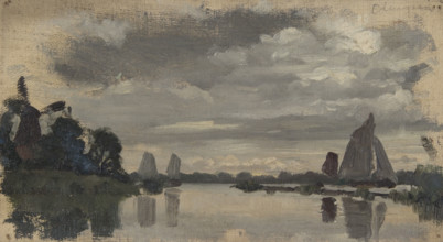Sketch of boats on a Dutch river with windmill, mid-late 1870s. Creator: George Clausen.