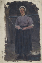 Study of a woman carrying a yoke across her shoulders, Papendrecht, Holland; Papendrecht, 1874, 1874 Creator: George Clausen.