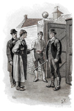 The Adventure of Silver Blaze, Holmes questioning a suspect. Creator: Sidney E Paget.