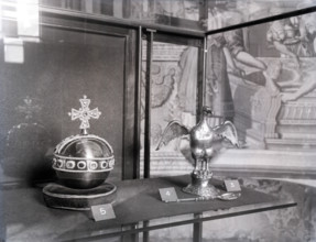 Crown Jewels of the United Kingdom - replicas of the orb, ampulla and anointing spoon, c1953.  Creator: Arthur Charles Kirby Ware.