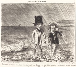Parisiens recevant un grain sur la plage de Dieppe..., 1852. Creator: Honore Daumier.