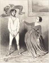 Une femme comme moi...remettre un bouton?..., 1844.  Creator: Honore Daumier.