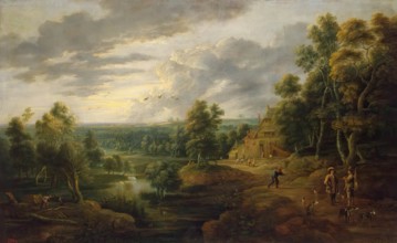 Landscape with Trees near a River (Landscape with Hunters), 1640. Creators: David Teniers II, Lucas van Uden.