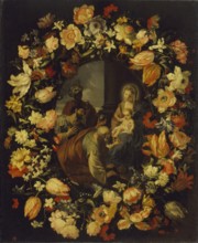 Adoration of the Magi framed by a Garland of Flowers, 1650. Creator: Mario Nuzzi.