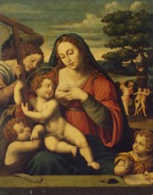 The Virgin and the Child with St John the Baptist, St John the Evangelist and an Angel, 1550. Creator: Juan De Juanes.