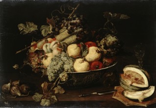 Fruit in a Bowl and a Sliced Melon, 1650. Creator: Frans Snyders.