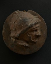 Cast of foreshortened head of Roman soldier in helmet. Creator: Unknown.