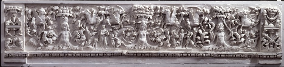 Architectural cast: Frieze depicting flying horses and cherubs supporting vines...19th century? Creator: Unknown.