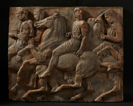 Cast of slab of riders from North frieze of Parthenon (figures 96-99, Slab XXXVI..., 19th century. Creator: Unknown.