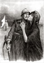 Merci ! - Victoire des alliés sur l'Allemagne, 11 novembre 1918. Le drapeau blanc porté par un