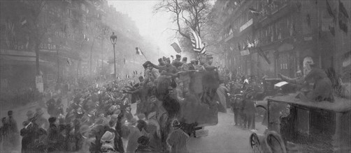 Scènes de joie à Paris le jour de l'armistice du 11 novembre 1918