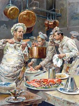Le service dans la cuisine d'un restaurant à Paris en décembre 1893.