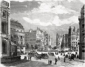 Les travaux du baron Haussmann à Paris, juin 1868. L'aspect de l'angle de la rue de la Paix, ouvert