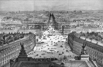 Travaux du baron Haussmann à Paris. Le percement en 1869, de la butte des Moulins avec l'ouverture