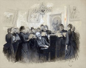 Les magasins du Bon Marché en 1889: les salon des demoiselles.  "Les jeunes filles employées sont