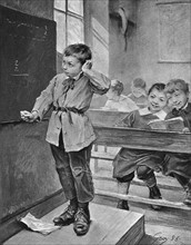 Peinture en 1882 de J. GEOFFROY illustrant un élève convoqué au tableau pour résoudre un problème