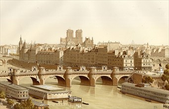 La Seine et le pont Neuf à Paris. De gauche à droite : Le pont au Change, le Pont-Neuf, les bains